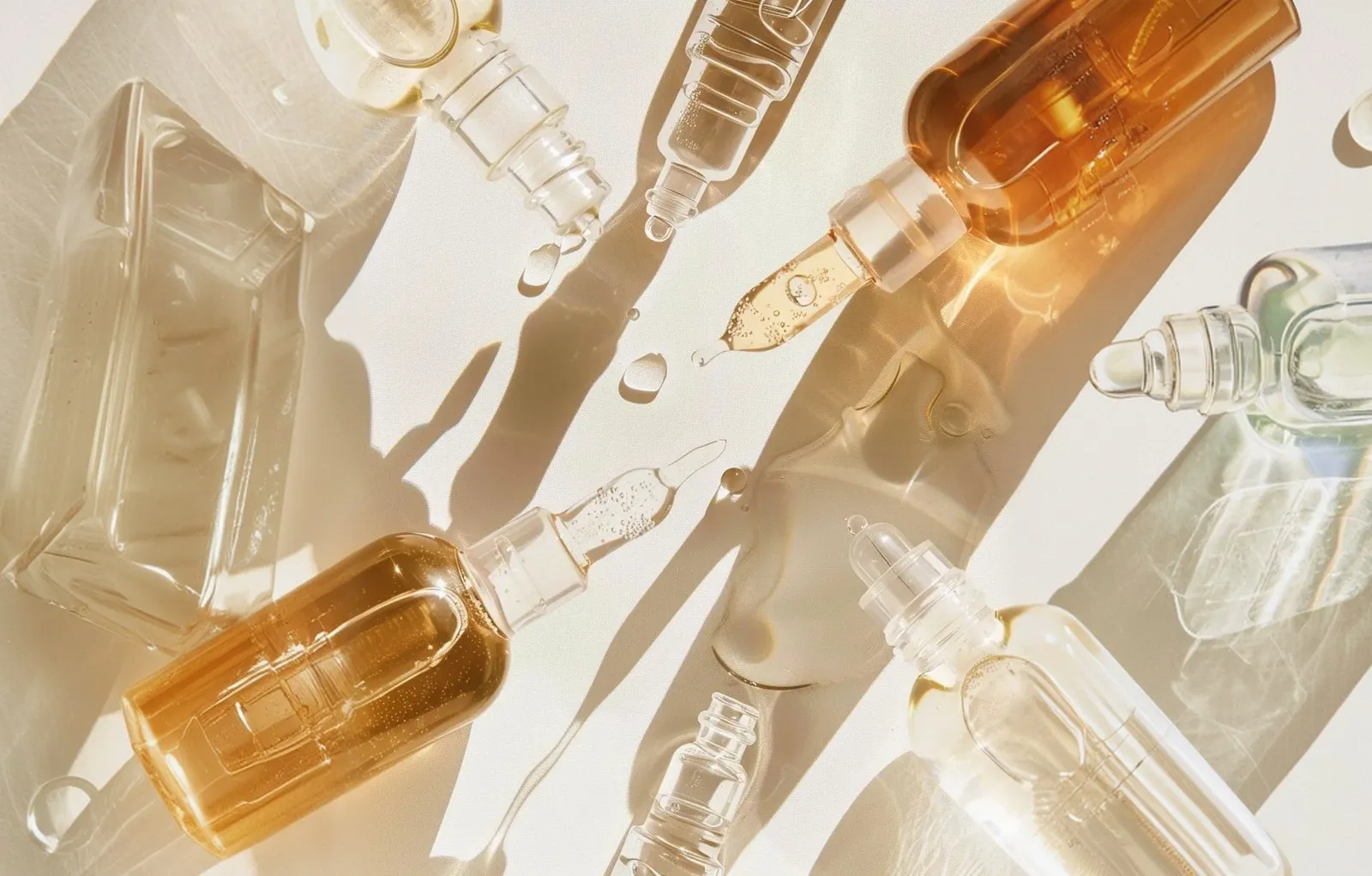 Glass serum bottles and droppers in warm light