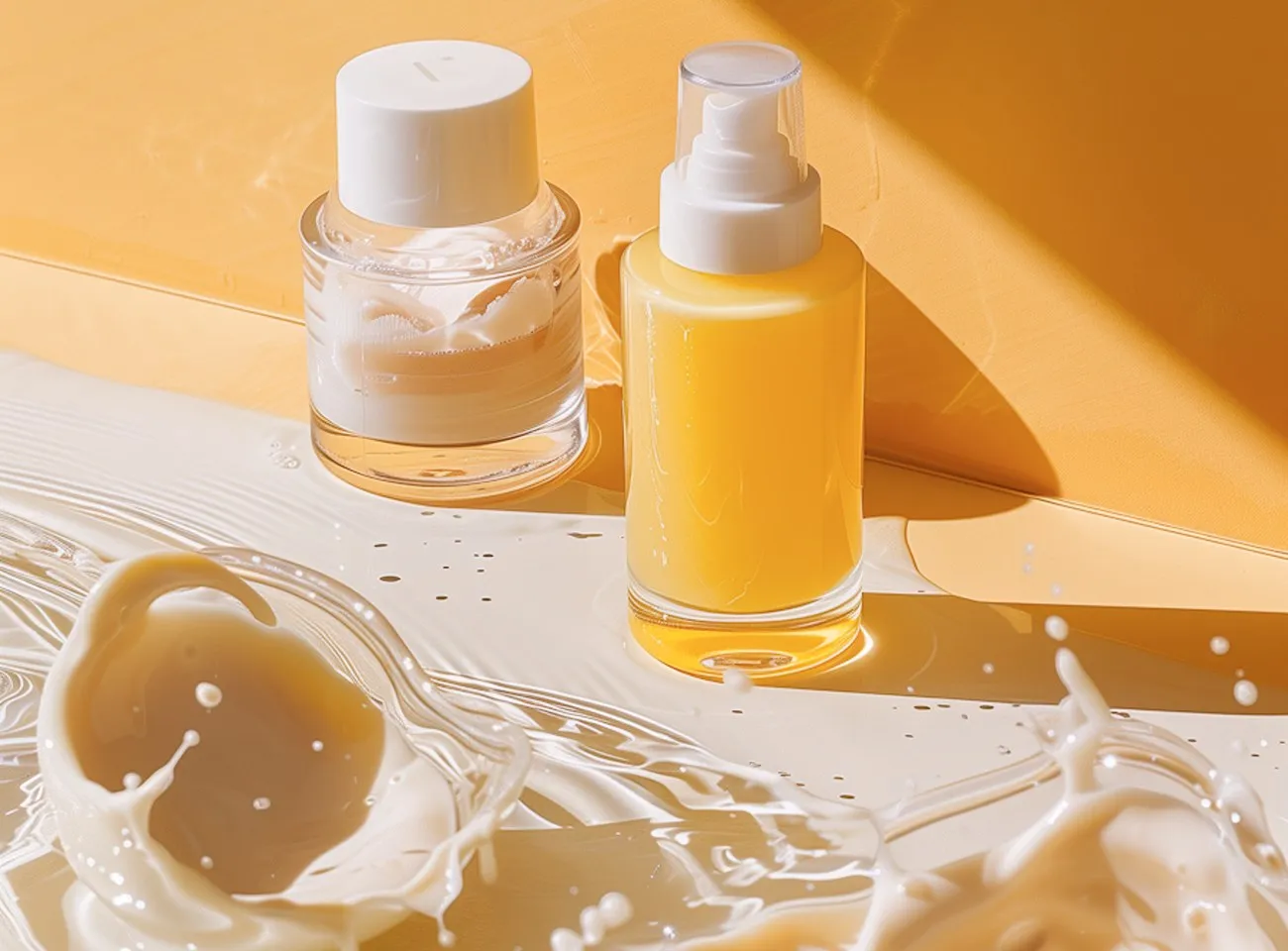 Skincare jar and pump bottle surrounded by splashes of cream