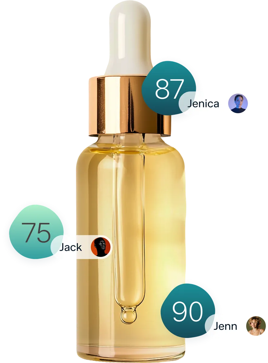 A serum bottle scored 87 for Jenica, 75 for Jack and 90 for Jenn — the same product with a different RightScore for each person