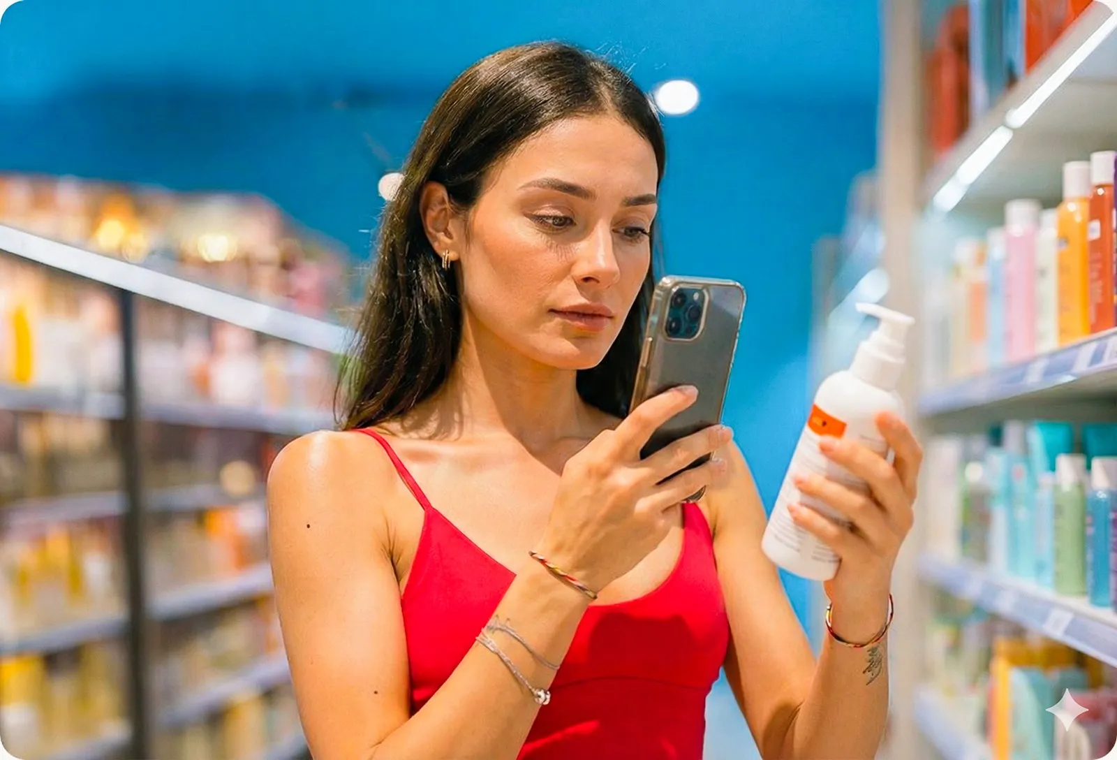 Shopper checking a product's RightScore on her phone in a store aisle